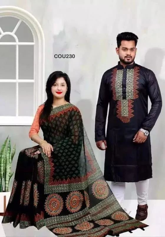 Party Wear Border Saree And Kurta Couple Set, 6.3 with blouse piece at Rs  1050 in Bolpur